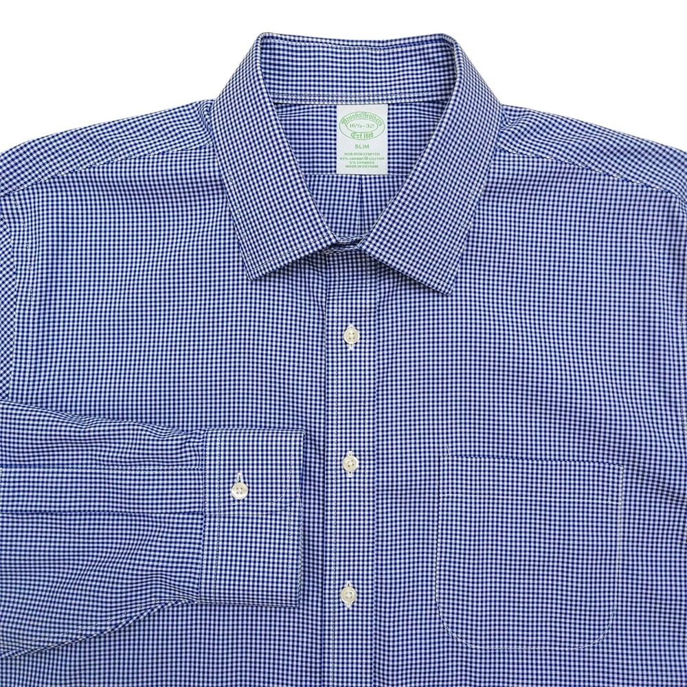Brooks Brothers 1818 Slim Non Iron Stretch Gingham Dress Shirt Men 16.5-32 Blue
